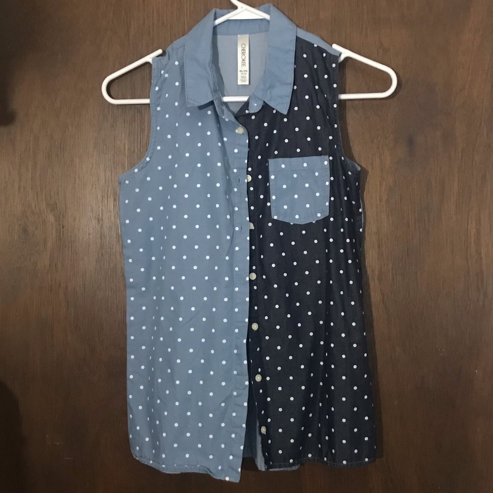 Two toned blue tank top with white polka dots.